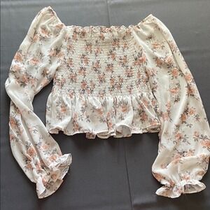 Beyond the Radar Floral Smocked Peplum Blouse White Rose Long Sleeve Crop Top M